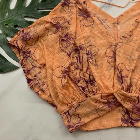 Free People One Dance Crop Top Size XS Coral Orange Purple Floral Knot Tropical - Picture 4 of 10